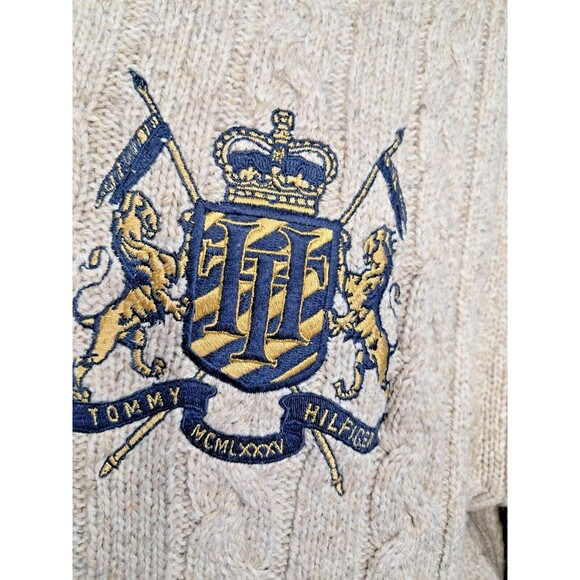 Tommy Hilfiger Long Sleeve Tan Wool Sweater Long Cable Preppy Grandpa XL Men - Picture 5 of 11